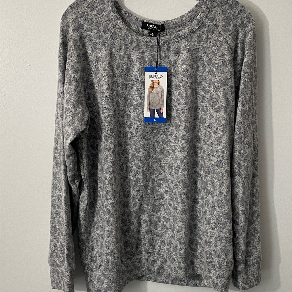 Buffalo David Bitton Women's Gray Ribbed Long Sleeve Animal Print Top Size L
